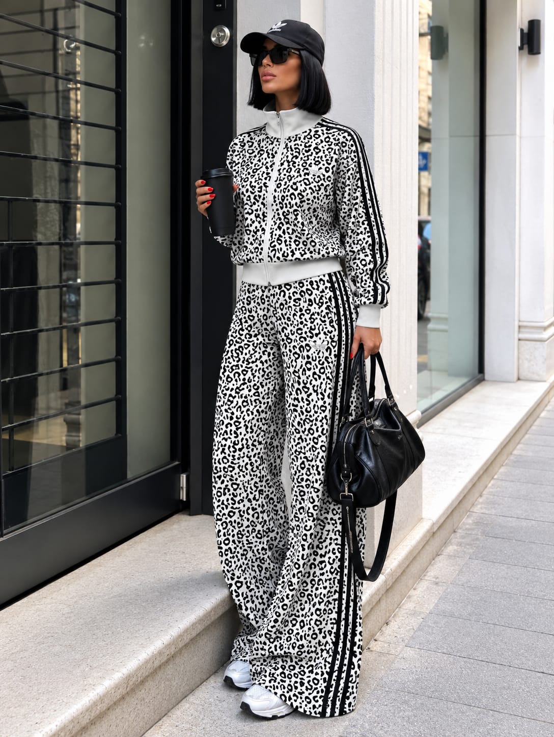 Leopard Print Full-Zip Track Jacket & Wide-Leg Pants Set (Black & White)