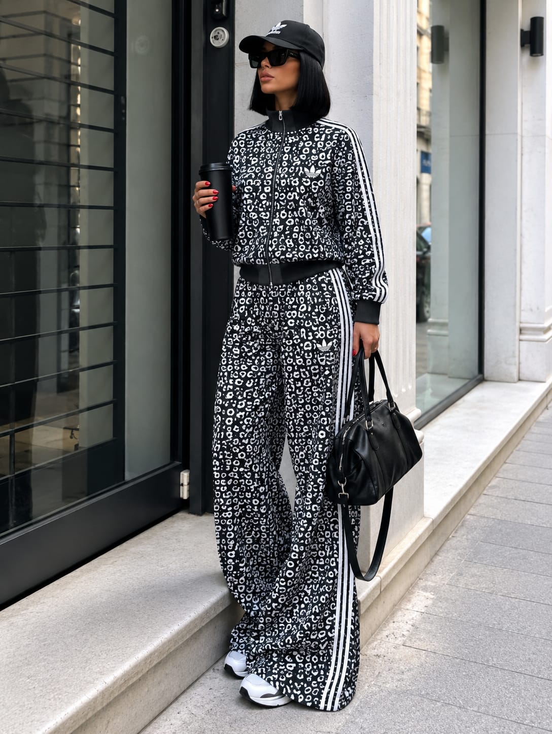 Dark-Base Leopard Print Full-Zip Track Jacket & Wide-Leg Set (Charcoal & White)