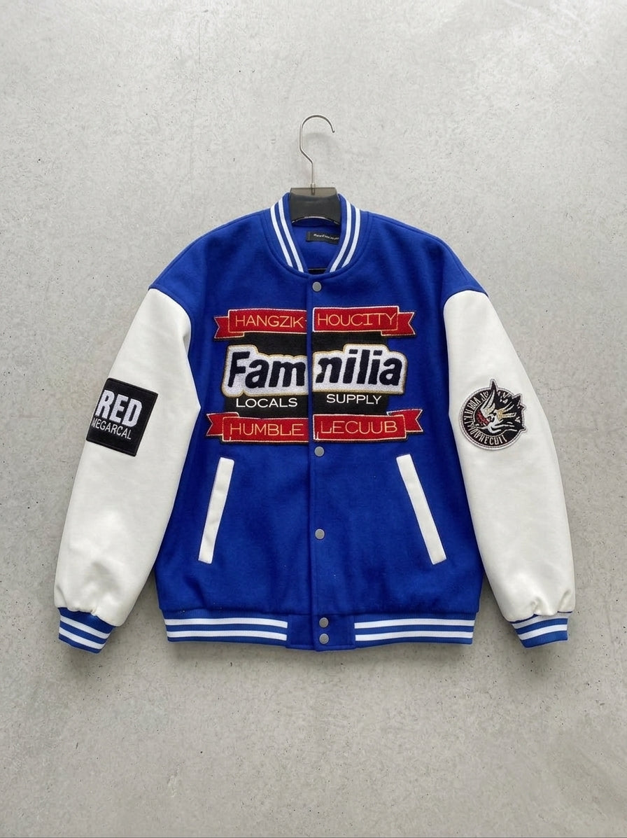 FAMILIA PATCHWORK VARSITY JACKET BLUE