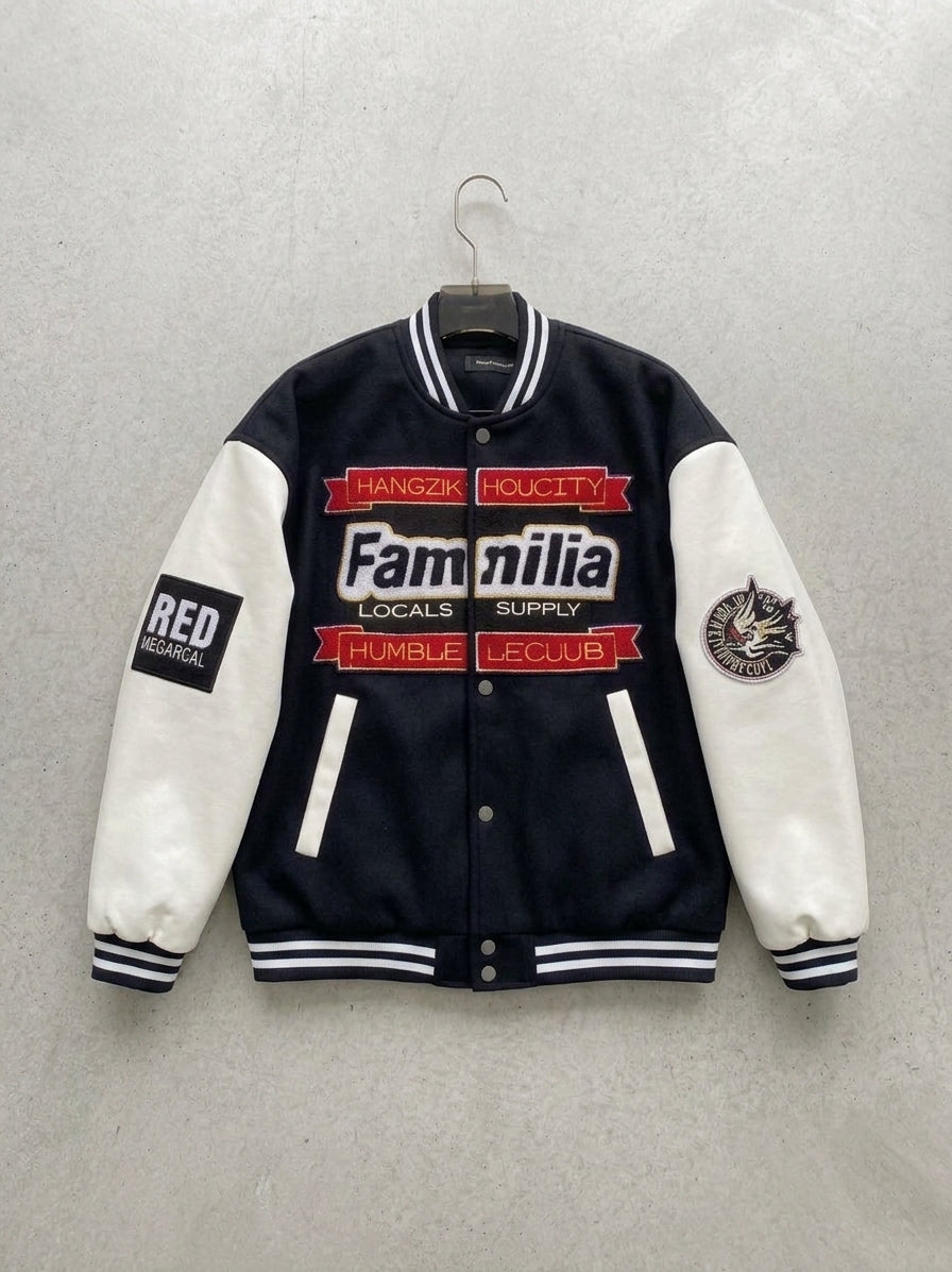 FAMILIA PATCHWORK VARSITY JACKET BLACK