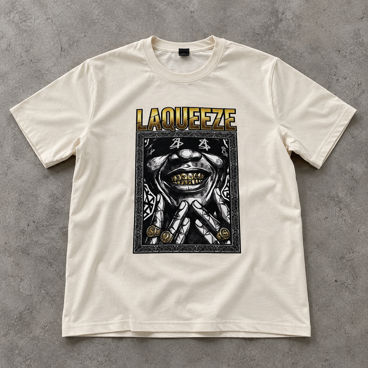 LAQUEEZE "Gilded Grills" Graphic Tee – Bone
