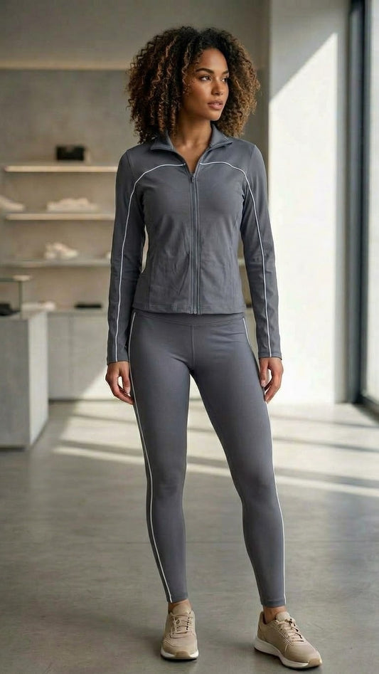 Contrast Piping Athletic Jacket & Leggings (Slate Grey)