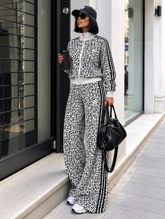 Leopard Print Full-Zip Track Jacket & Wide-Leg Pants Set (Black & White)
