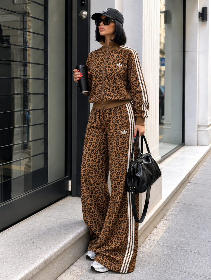Leopard Print Full-Zip Track Jacket & Wide-Leg Pants Set (Brown & Caramel)