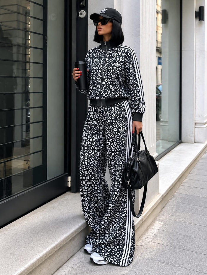 Dark-Base Leopard Print Full-Zip Track Jacket & Wide-Leg Set (Charcoal & White)