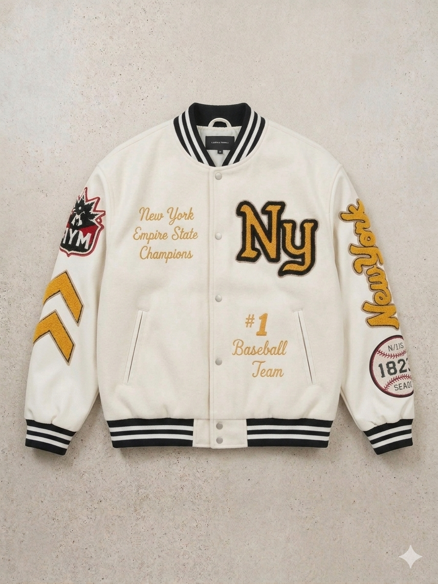 White (Ecru) 'Empire State' Varsity Jacket