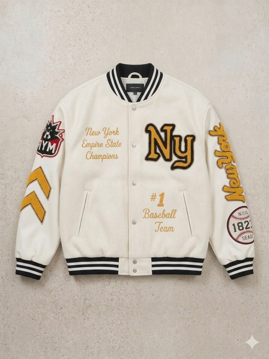 White (Ecru) 'Empire State' Varsity Jacket