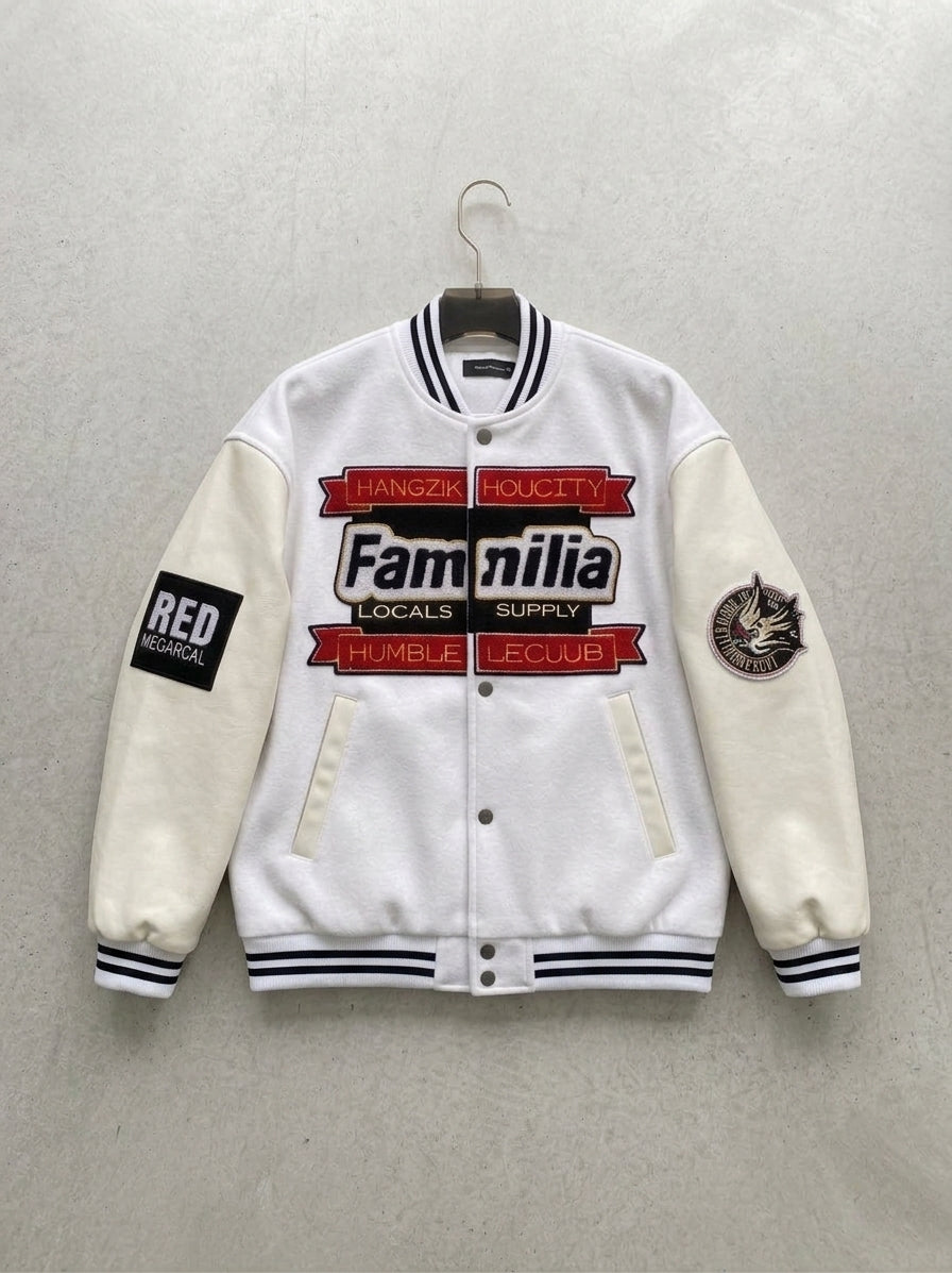 FAMILIA PATCHWORK VARSITY JACKET WHITE