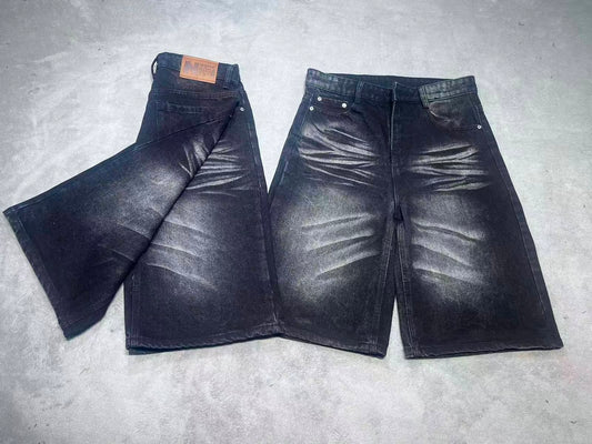 RECON VINTAGE WASH BAGGY DENIM JORTS IN WASHED BLACK