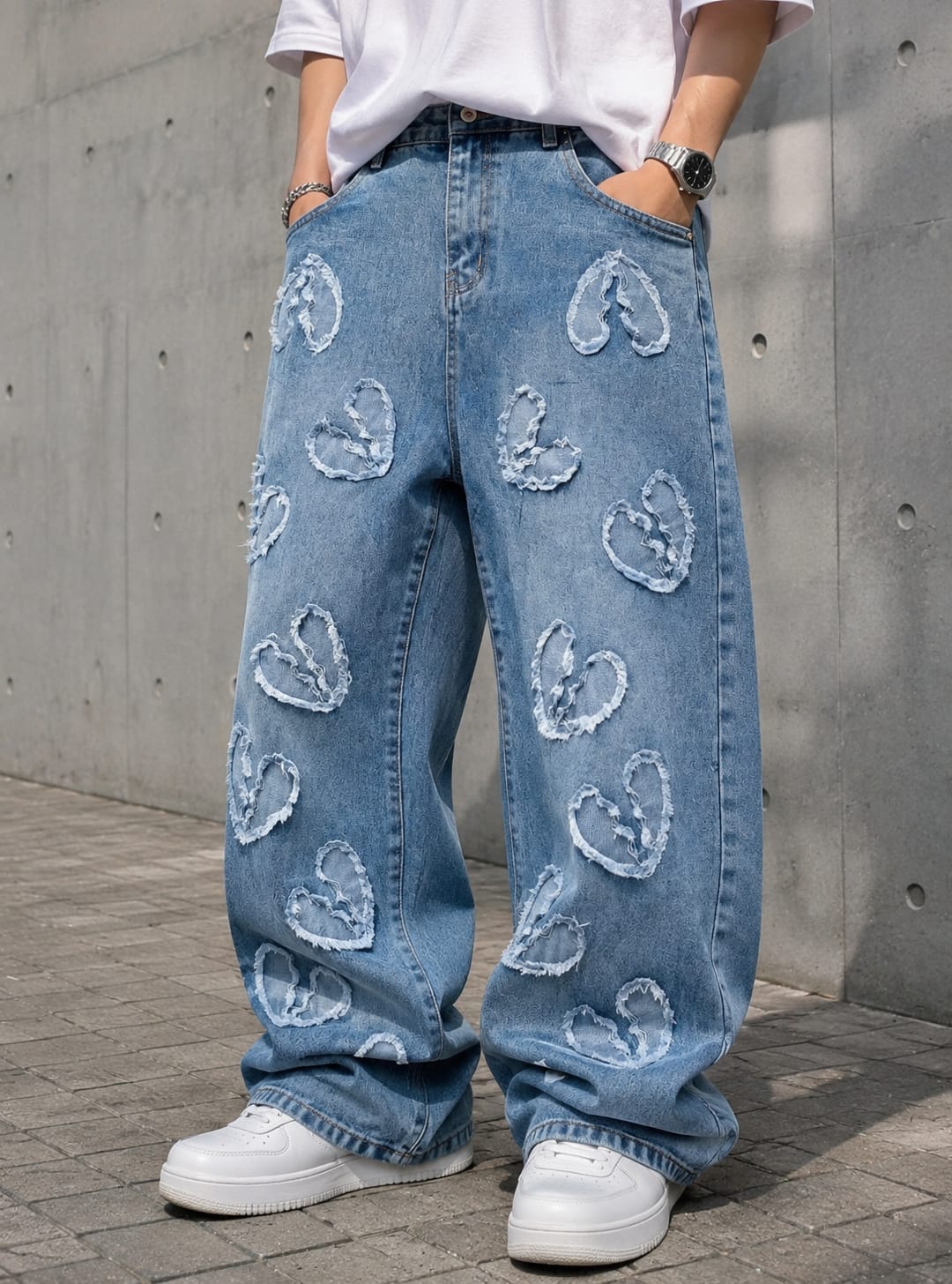 LOVERBOY BAGGY DISTRESSED DENIM IN ICE BLUE