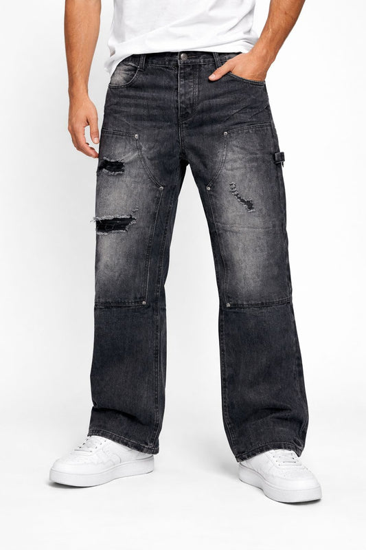 APEX DISTRESSED DOUBLE-KNEE DENIM IN WASHED BLACK